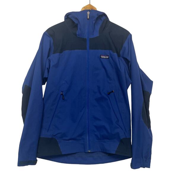 Patagonia Rain Jacket Mens Size Medium Hooded Elbow Patches Blue Full Zip EUC - Picture 1 of 11